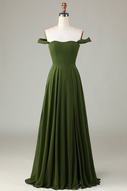 Off The Shoulder A Line Olive Bridesmaid Dress with Slit