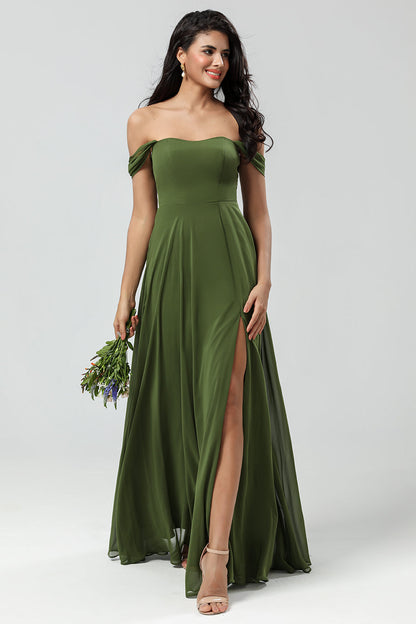 Off The Shoulder A Line Olive Bridesmaid Dress with Slit