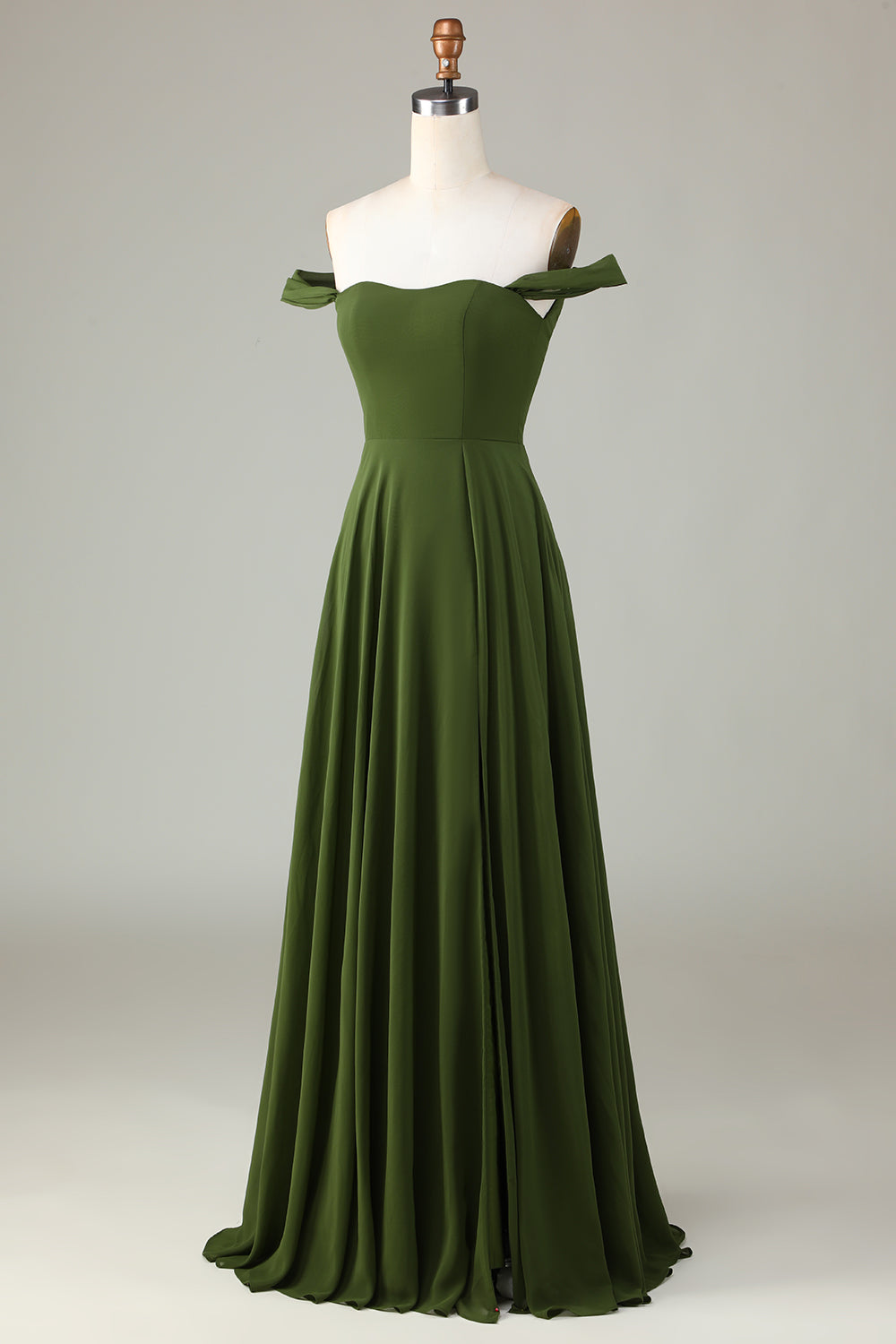 A-Line Off The Shoulder Olive Bridesmaid Dress with Slit