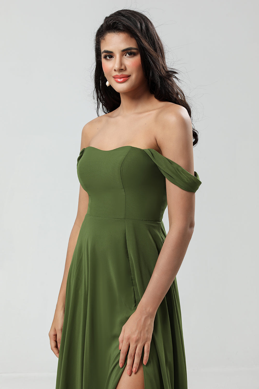 Off The Shoulder A Line Olive Bridesmaid Dress with Slit