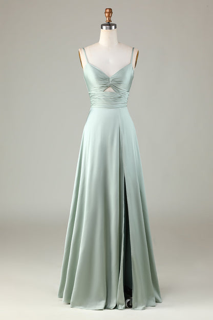 Spaghetti Straps Keyhole A Line Green Bridesmaid Dress with Slit