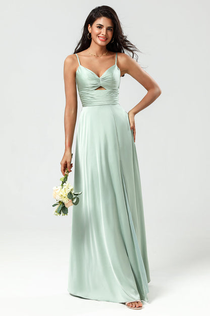 Spaghetti Straps Keyhole A Line Green Bridesmaid Dress with Slit