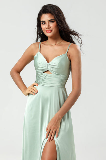 Spaghetti Straps Keyhole A Line Green Bridesmaid Dress with Slit