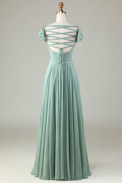 Lace-Up Back Matcha Bridesmaid Dress with Ruffles