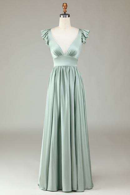 Deep V-Neck A Line Green Long Bridesmaid Dress with Ruffles