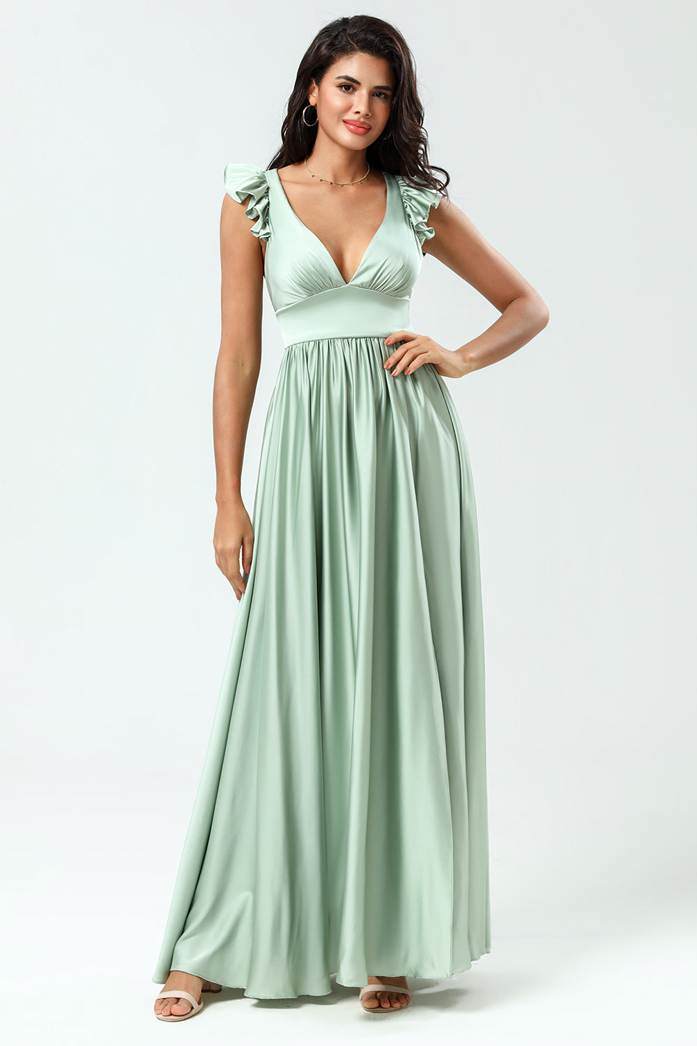 Deep V-Neck A Line Green Long Bridesmaid Dress with Ruffles