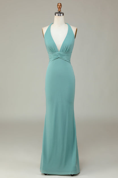 Mermaid Halter Green Long Bridesmaid Dress with V-neck