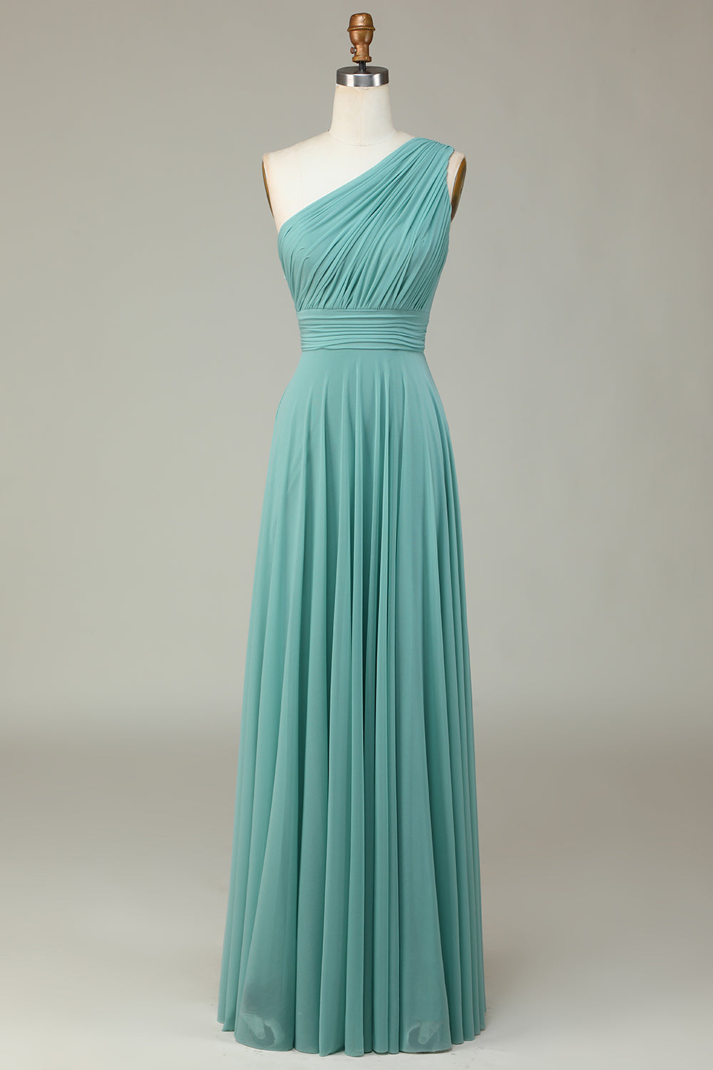 Stunning A Line One Shoulder Sea Glass Long Bridesmaid Dress with Ruched