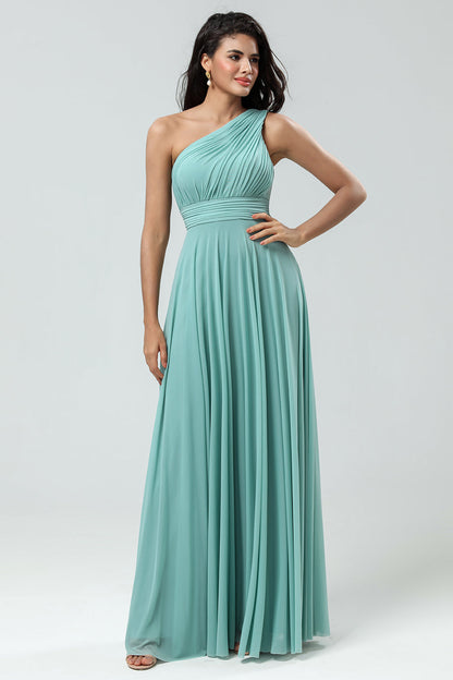 Stunning A Line One Shoulder Sea Glass Long Bridesmaid Dress with Ruched