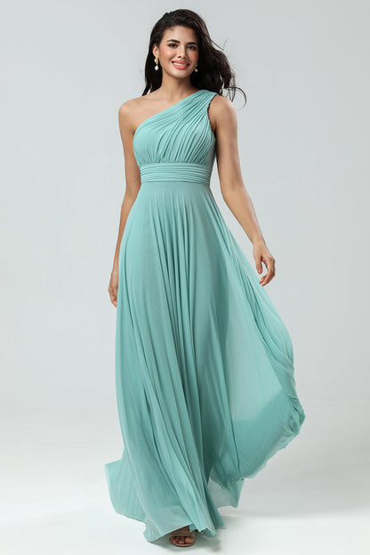 Stunning A Line One Shoulder Sea Glass Long Bridesmaid Dress with Ruched