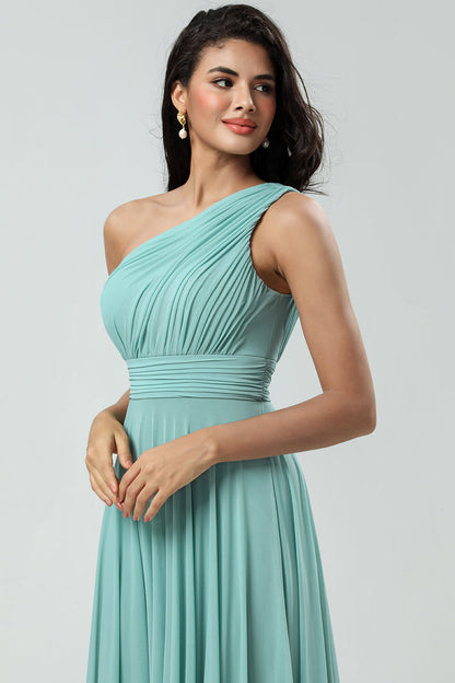 Stunning A Line One Shoulder Sea Glass Long Bridesmaid Dress with Ruched