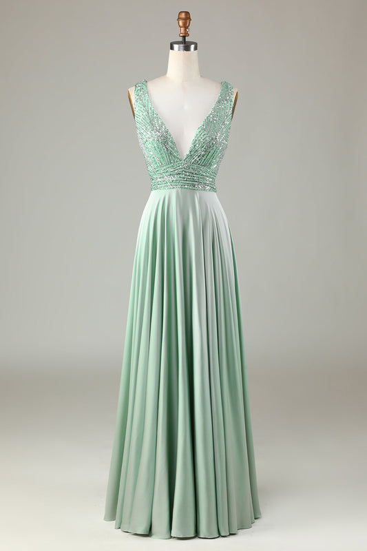 Sparkly V-Neck Matcha Bridesmaid Dress with Sequins