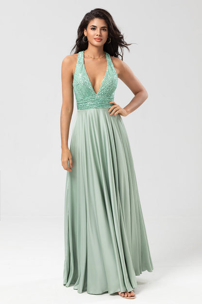 Sparkly V-Neck Matcha Bridesmaid Dress with Sequins