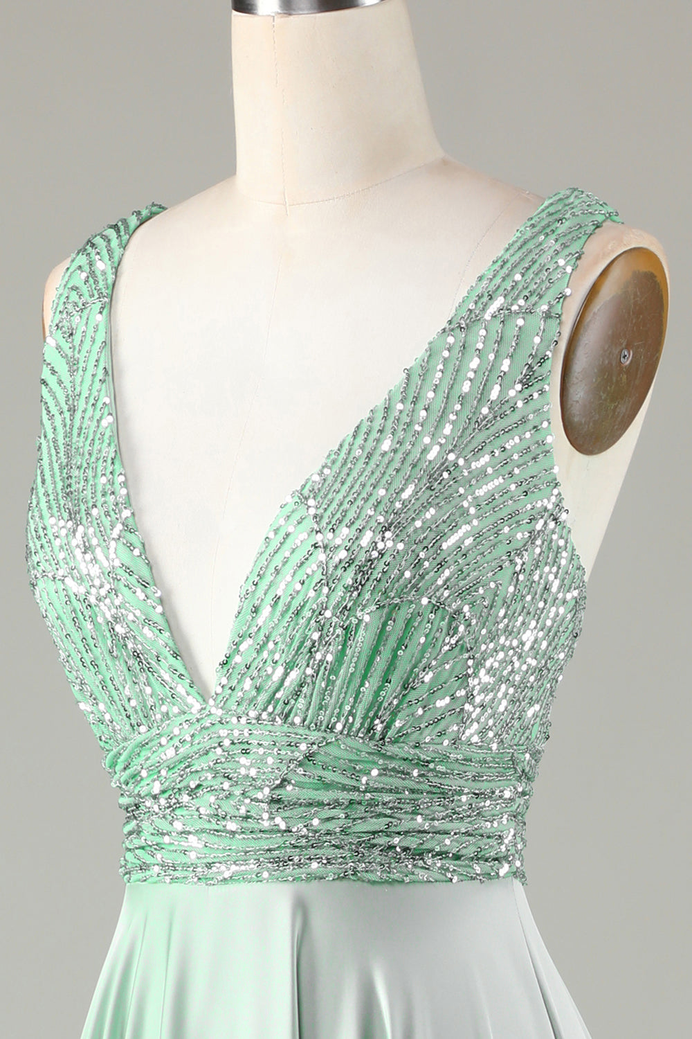 Sparkly V-Neck Matcha Bridesmaid Dress with Sequins