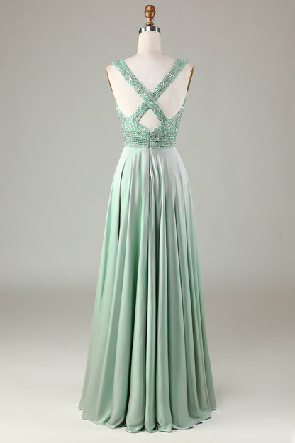 Sparkly V-Neck Matcha Bridesmaid Dress with Sequins