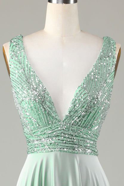 Sparkly V-Neck Matcha Bridesmaid Dress with Sequins