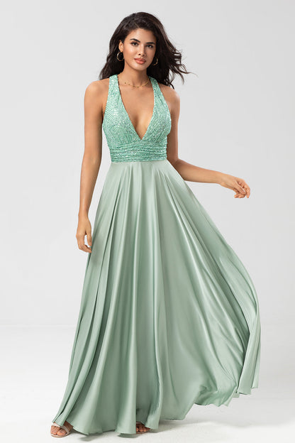 Never-Ending A Line V-Neck Matcha Long Bridesmaid Dress with Beading