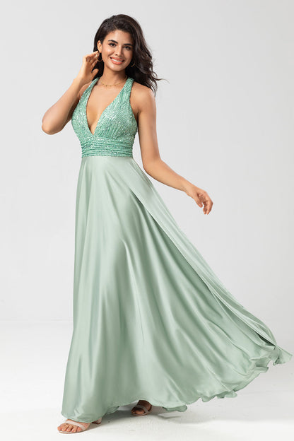 Never-Ending A Line V-Neck Matcha Long Bridesmaid Dress with Beading