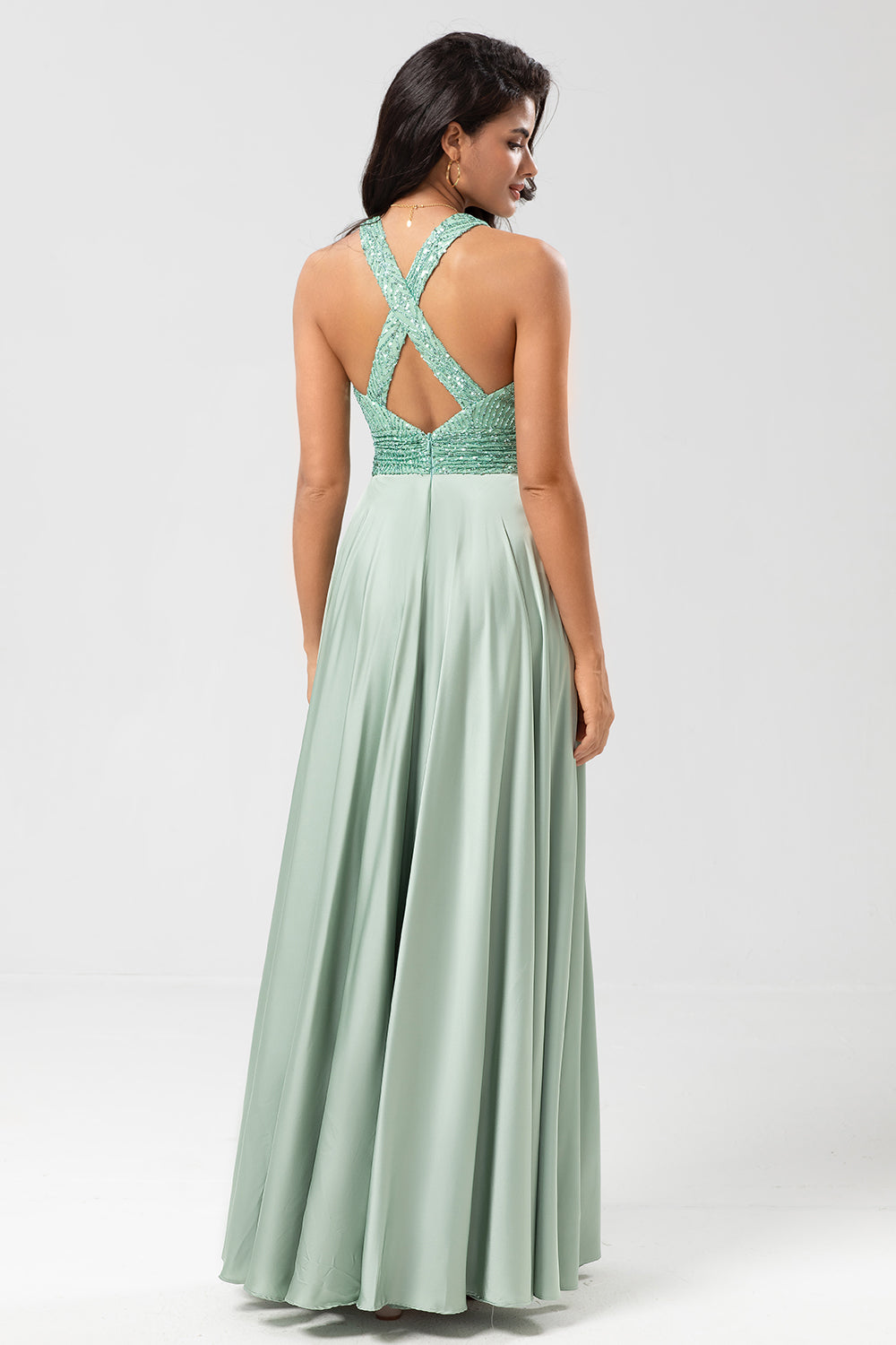 Never-Ending A Line V-Neck Matcha Long Bridesmaid Dress with Beading