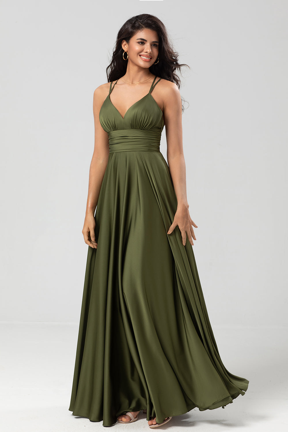 Grand Beauty A Line Spaghetti Straps Olive Long Bridesmaid Dress with Ruffles