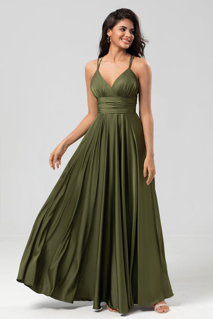 Grand Beauty A Line Spaghetti Straps Olive Long Bridesmaid Dress with Ruffles