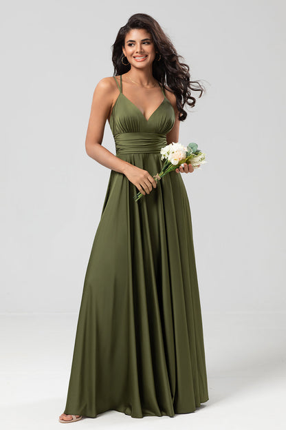 Grand Beauty A Line Spaghetti Straps Olive Long Bridesmaid Dress with Ruffles