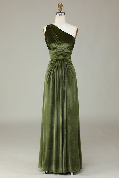 Dreaming of Elegance A Line One Shoulder Olive Velvet Long Bridesmaid Dress