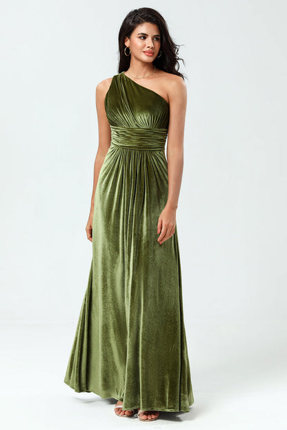 Dreaming of Elegance A Line One Shoulder Olive Velvet Long Bridesmaid Dress