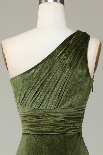 Velvet One Shoulder Olive Bridesmaid Dress