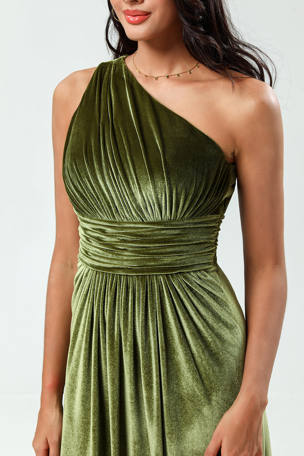 Dreaming of Elegance A Line One Shoulder Olive Velvet Long Bridesmaid Dress