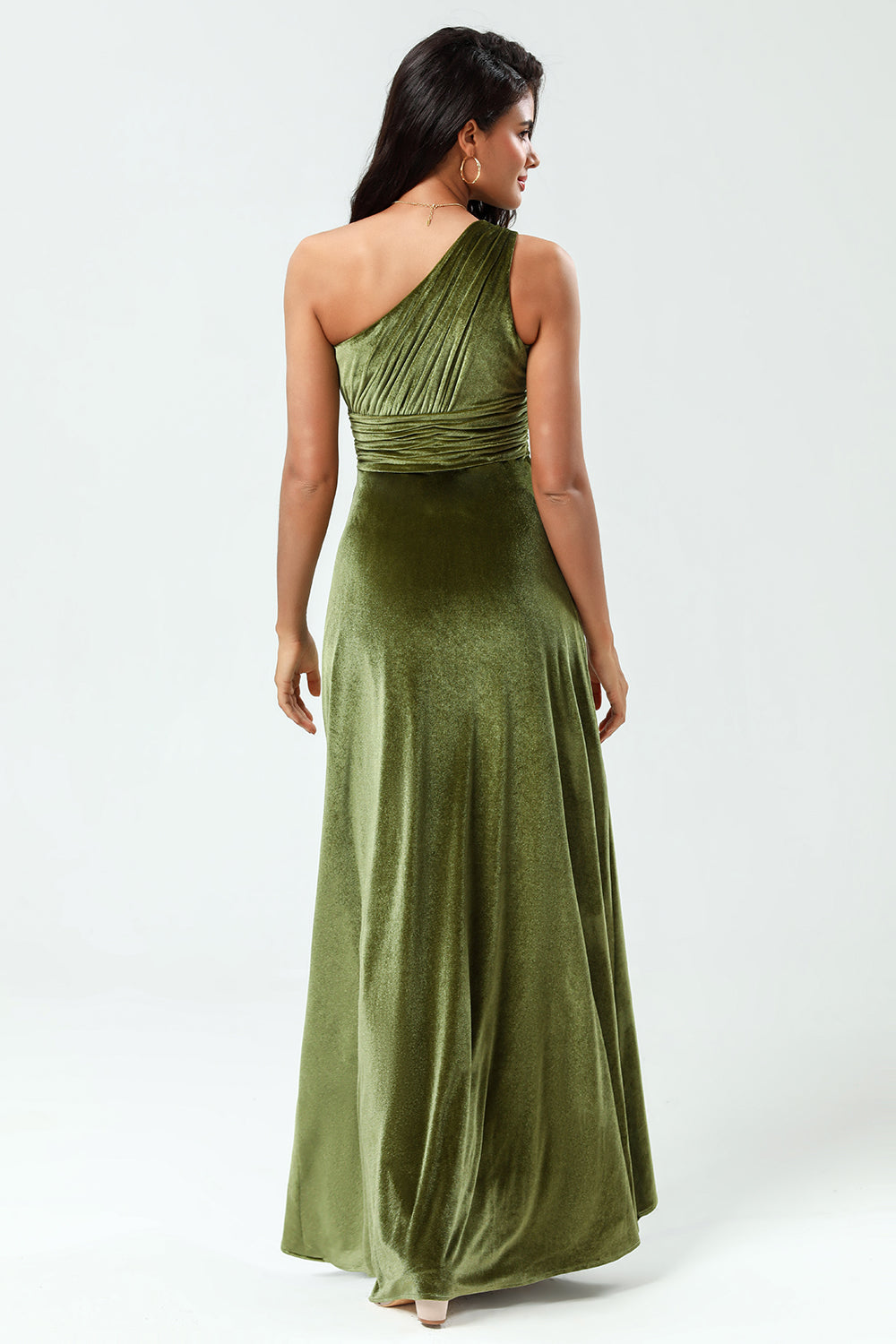 Dreaming of Elegance A Line One Shoulder Olive Velvet Long Bridesmaid Dress