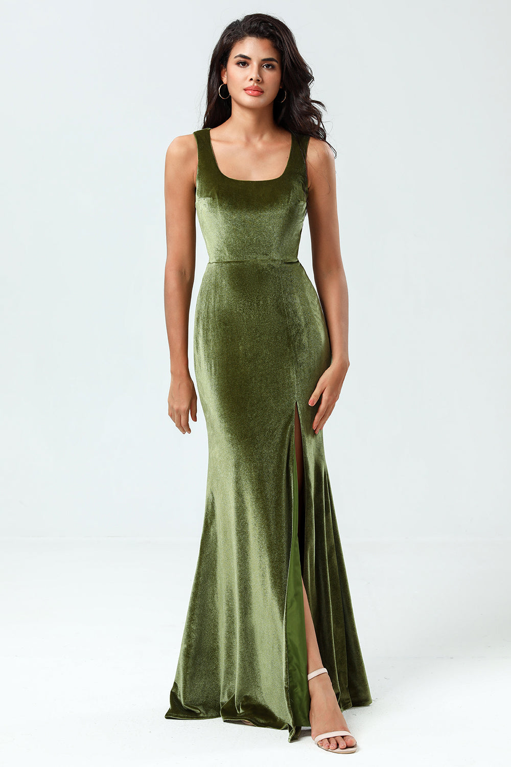 Enchanting Romantic Mermaid Square Neck Olive Long Bridesmaid Dress with Slit