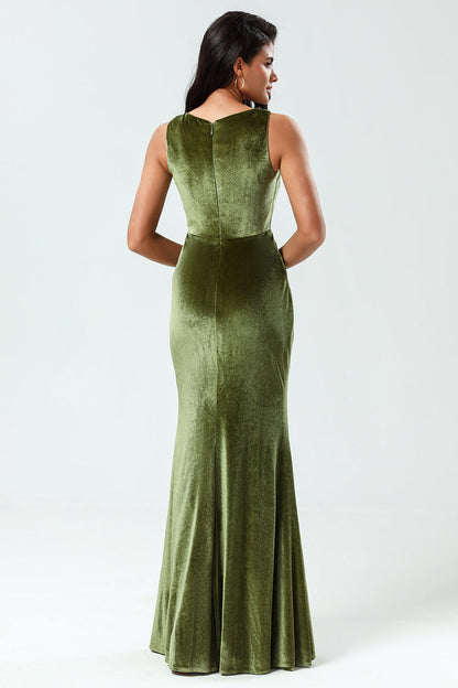 Enchanting Romantic Mermaid Square Neck Olive Long Bridesmaid Dress with Slit