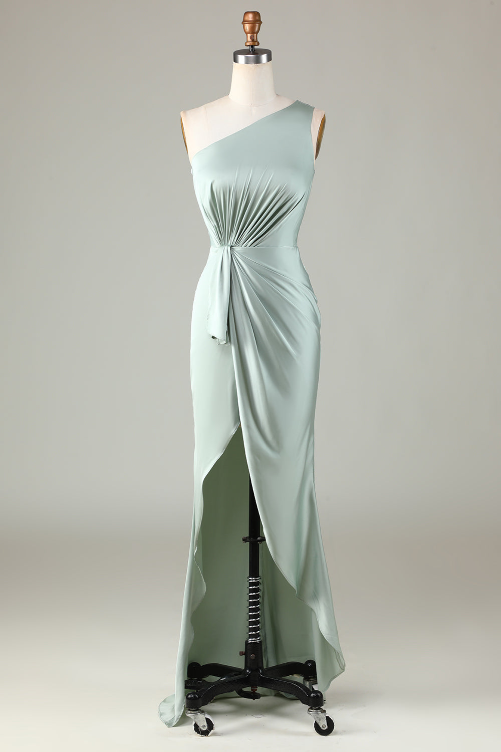 Chic Romantic One Shoulder Matcha Bridesmaid Dress with Ruffles