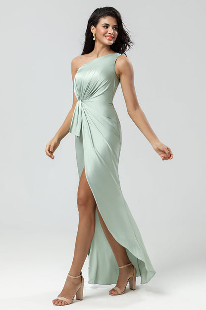 Chic Romantic One Shoulder Matcha Bridesmaid Dress with Ruffles