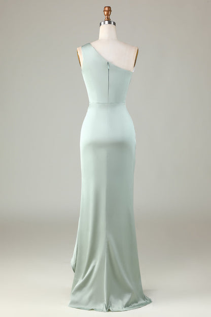 One Shoulder Matcha Bridesmaid Dress with Ruffles