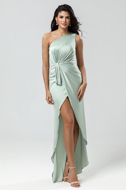 Chic Romantic One Shoulder Matcha Bridesmaid Dress with Ruffles