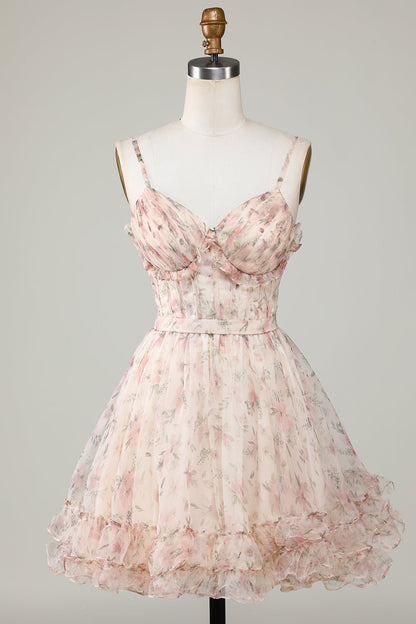 Champagne A-Line Corset Floral Short Homecoming Dress