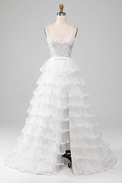 White A-Line Sparkly Sequin Ruffle Skirt Corset Wedding Dress With Slit