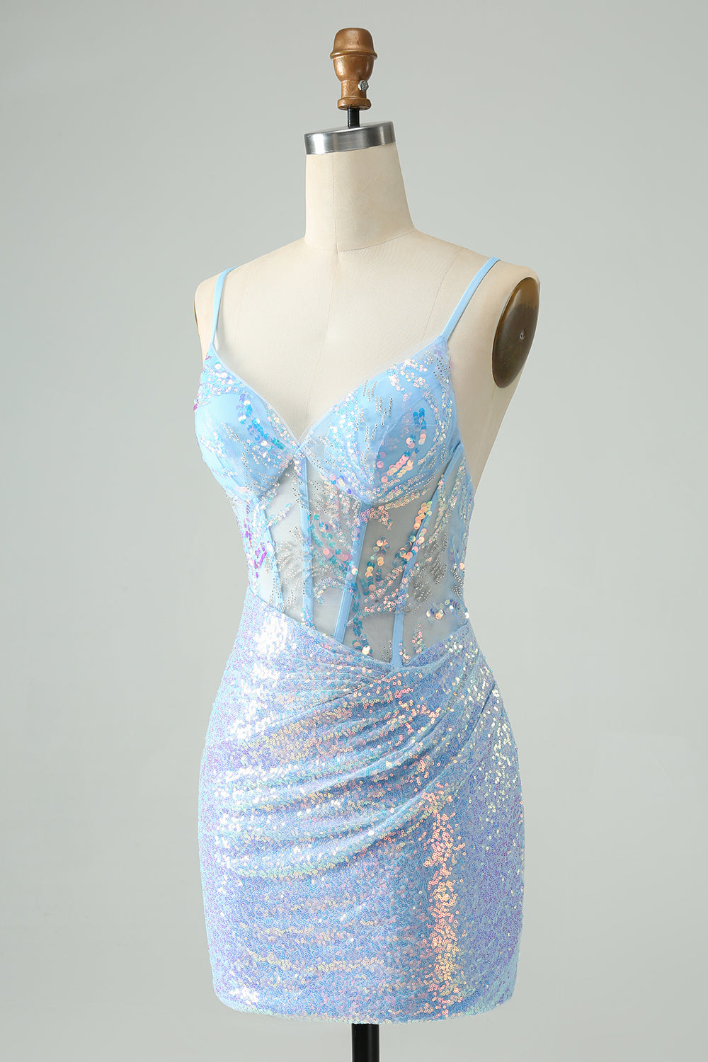 Glitter Light Blue Tight Spaghetti Straps Short Homecoming Dress with Sequins