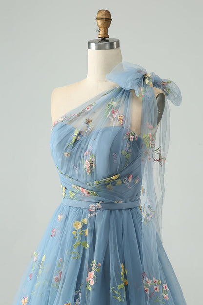 Grey Blue A Line One Shoulder Tulle Short Homecoming Dress with Floral Embroidery