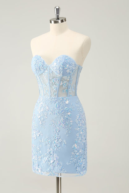 Light Blue Corset Sequins Sweetheart Short Tight Homecoming Dress with Lace-up Back