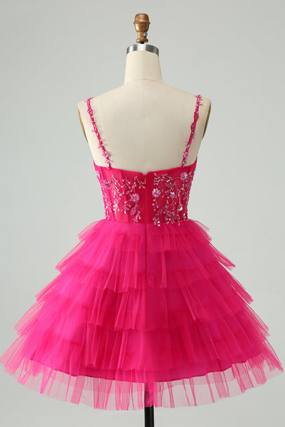 Hot Pink A Line Spaghetti Straps Tulle Tiered Short Homecoming Dress