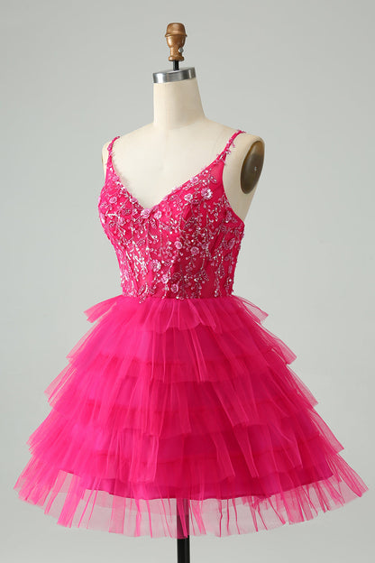 Hot Pink A Line Spaghetti Straps Tulle Tiered Short Homecoming Dress