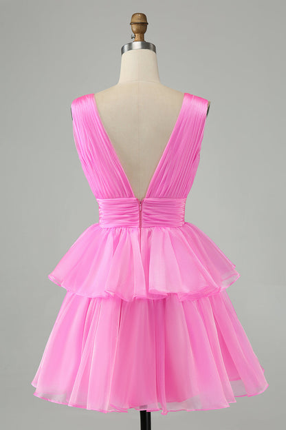 Hot Pink A Line V Neck Pleated Tiered Short Homecoming Dress