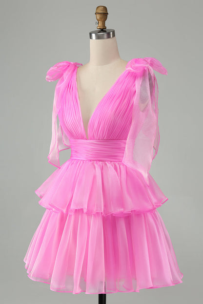 Hot Pink A Line V Neck Pleated Tiered Short Homecoming Dress