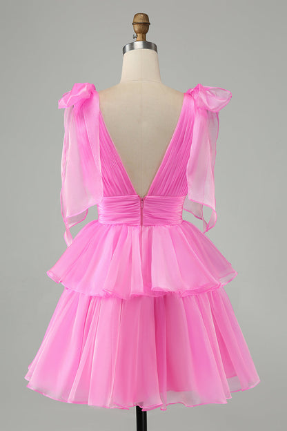 Hot Pink A Line V Neck Pleated Tiered Short Homecoming Dress