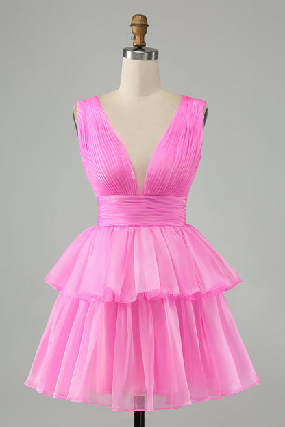 Hot Pink A Line V Neck Pleated Tiered Short Homecoming Dress