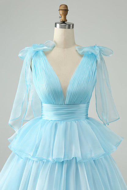 Sky Blue A Line V Neck Pleated Tiered Short Homecoming Dress