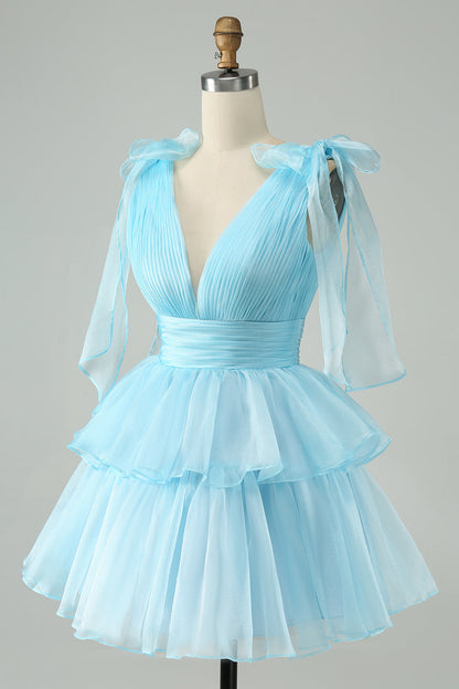 Sky Blue A Line V Neck Pleated Tiered Short Homecoming Dress